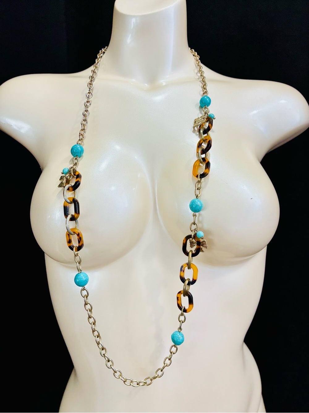 Turquoise Bead and Tortoiseshell Link Necklace - Women Jewelry